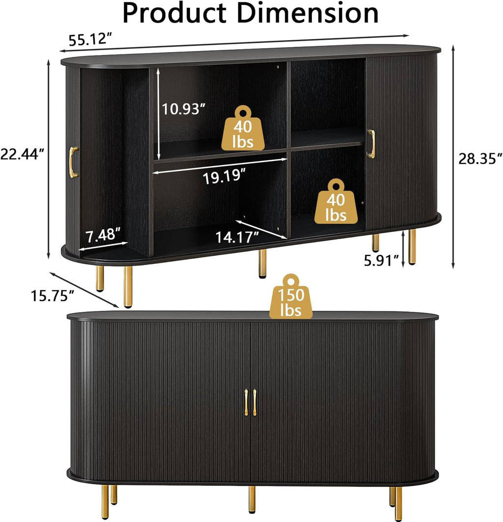 TAVATA Sideboard Buffet Cabinet with Storage, 55" Fluted Storage Cabinet with Tambour Sliding Doors, Wood Coffee Bar Console Table for Living Room Hallway Entryway (Black)