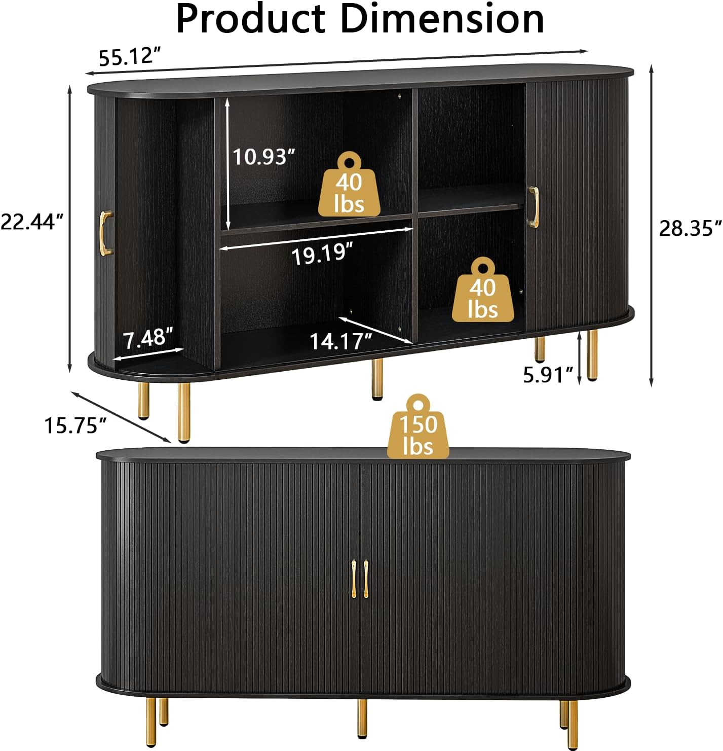 TAVATA Sideboard Buffet Cabinet with Storage, 55" Fluted Storage Cabinet with Tambour Sliding Doors, Wood Coffee Bar Console Table for Living Room Hallway Entryway (Black)