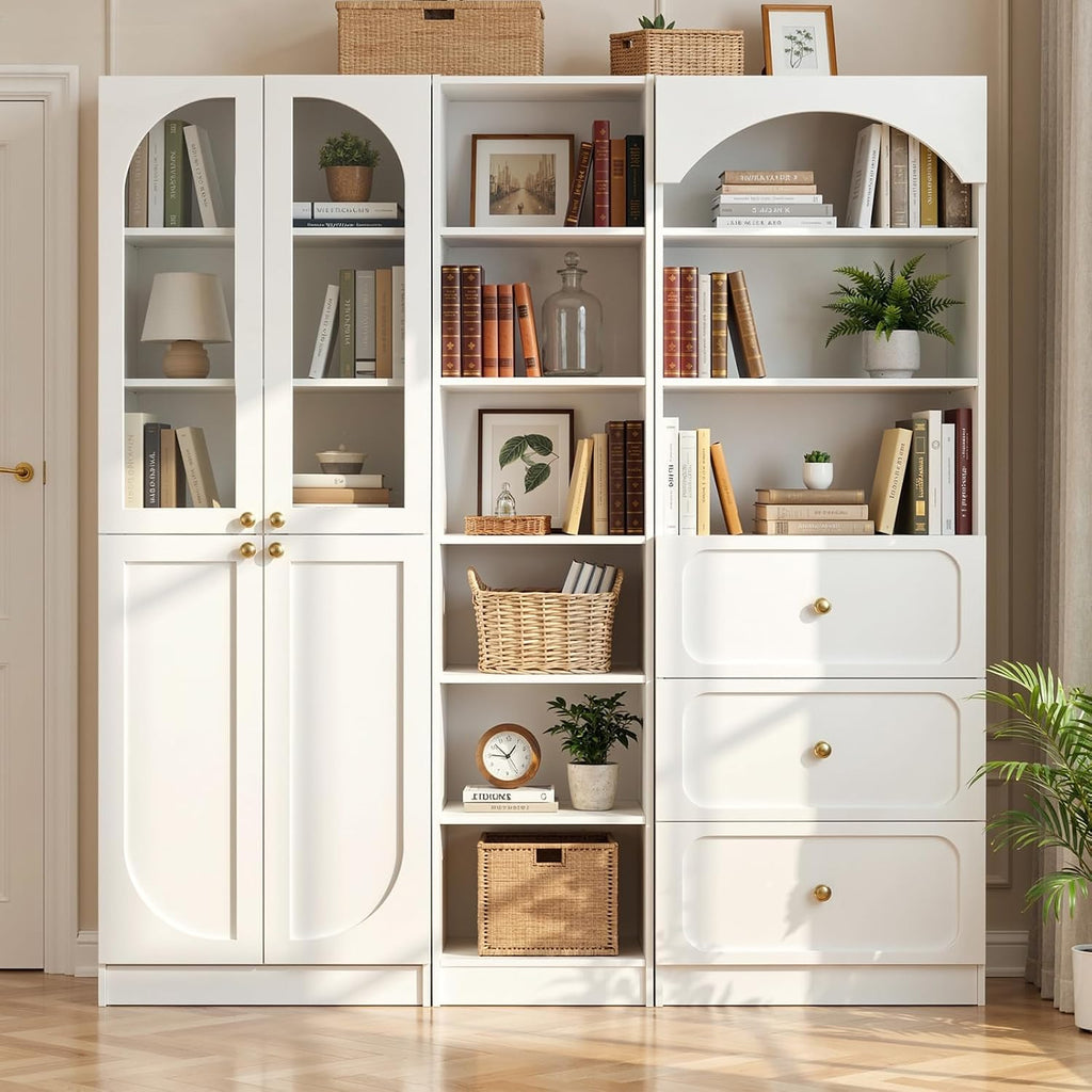 Cyclysio 80" Tall Pantry System with Tempered Glass Doors, Arched Corner Pantries with 3 Drawers, Wooden Cupboard with 6-Tier Open Shelves for Living Room