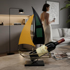 Metal Sailboat Wine Rack for Countertop – Decorative Wine Bottle Holder for Kitchen Bar Dining Table, Boat Sculpture Wine Stand Nautical Home Decor (Yellow and Green)