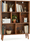 DUMOS Bookshelf, 7 Cube Storage Organizer with Legs, 3-Tier Modern Wooden Bookcase, Open Standing Display Shelf for Living Room, Bedroom, Office, Rustic Brown