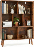 DUMOS Bookshelf, 7 Cube Storage Organizer with Legs, 3-Tier Modern Wooden Bookcase, Open Standing Display Shelf for Living Room, Bedroom, Office, Rustic Brown