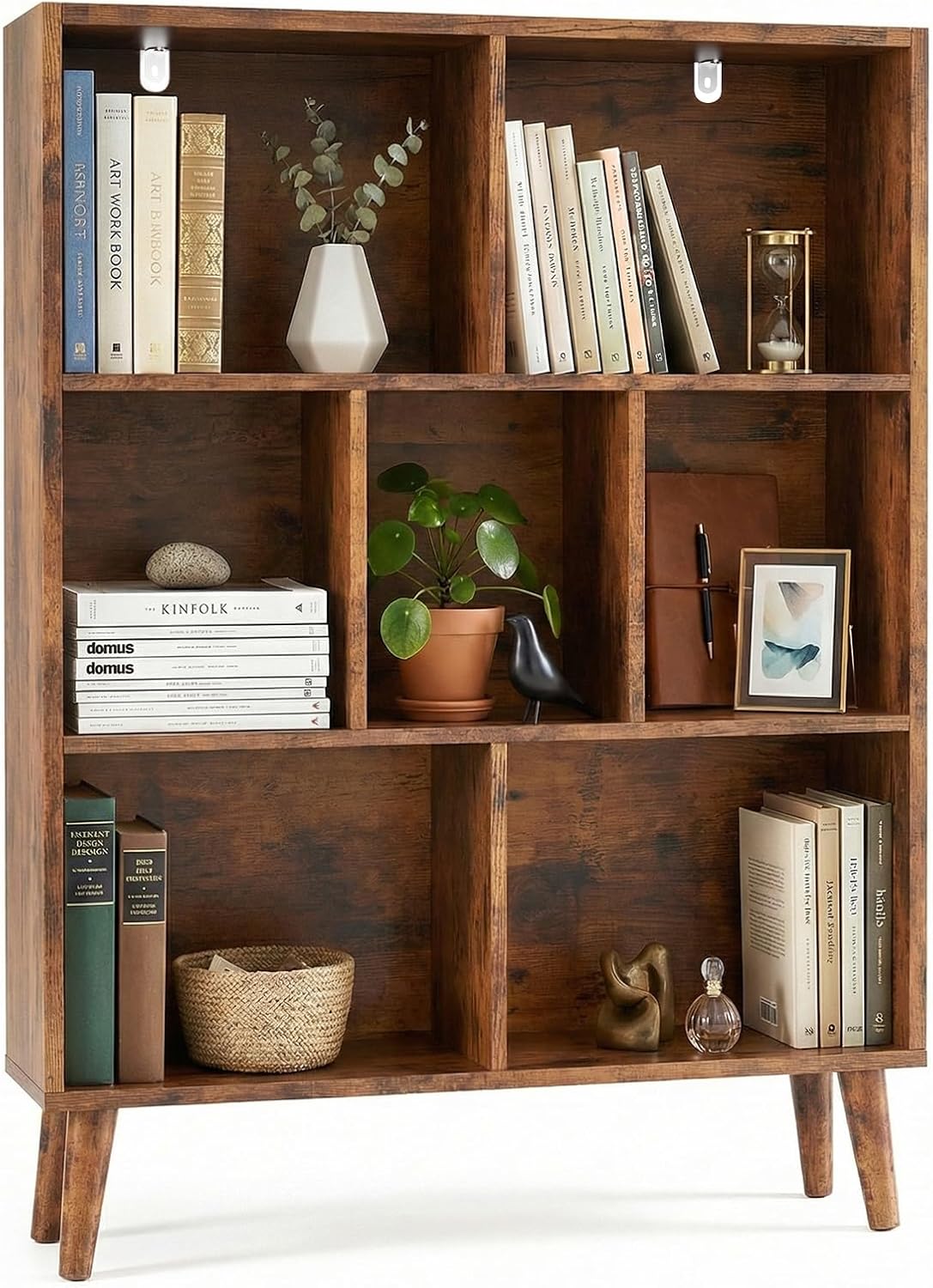 DUMOS Bookshelf, 7 Cube Storage Organizer with Legs, 3-Tier Modern Wooden Bookcase, Open Standing Display Shelf for Living Room, Bedroom, Office, Rustic Brown