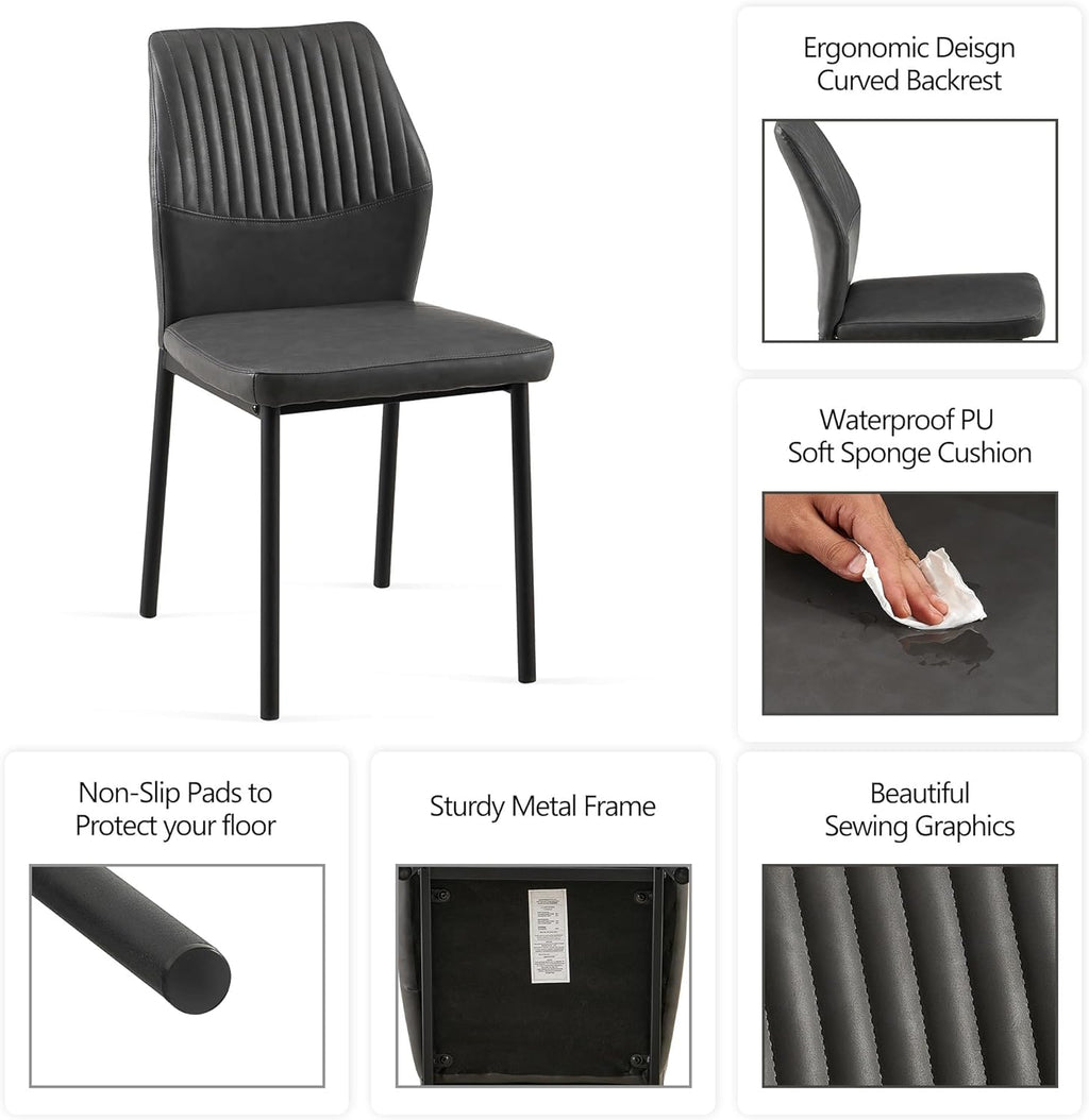 Dining Room Chairs Set of 4, PU Leather Seats with Black Metal Legs, Waterproof Chairs Set of 4 for Kitchen & Dining Room, 15-Min Assembly - Dark Grey