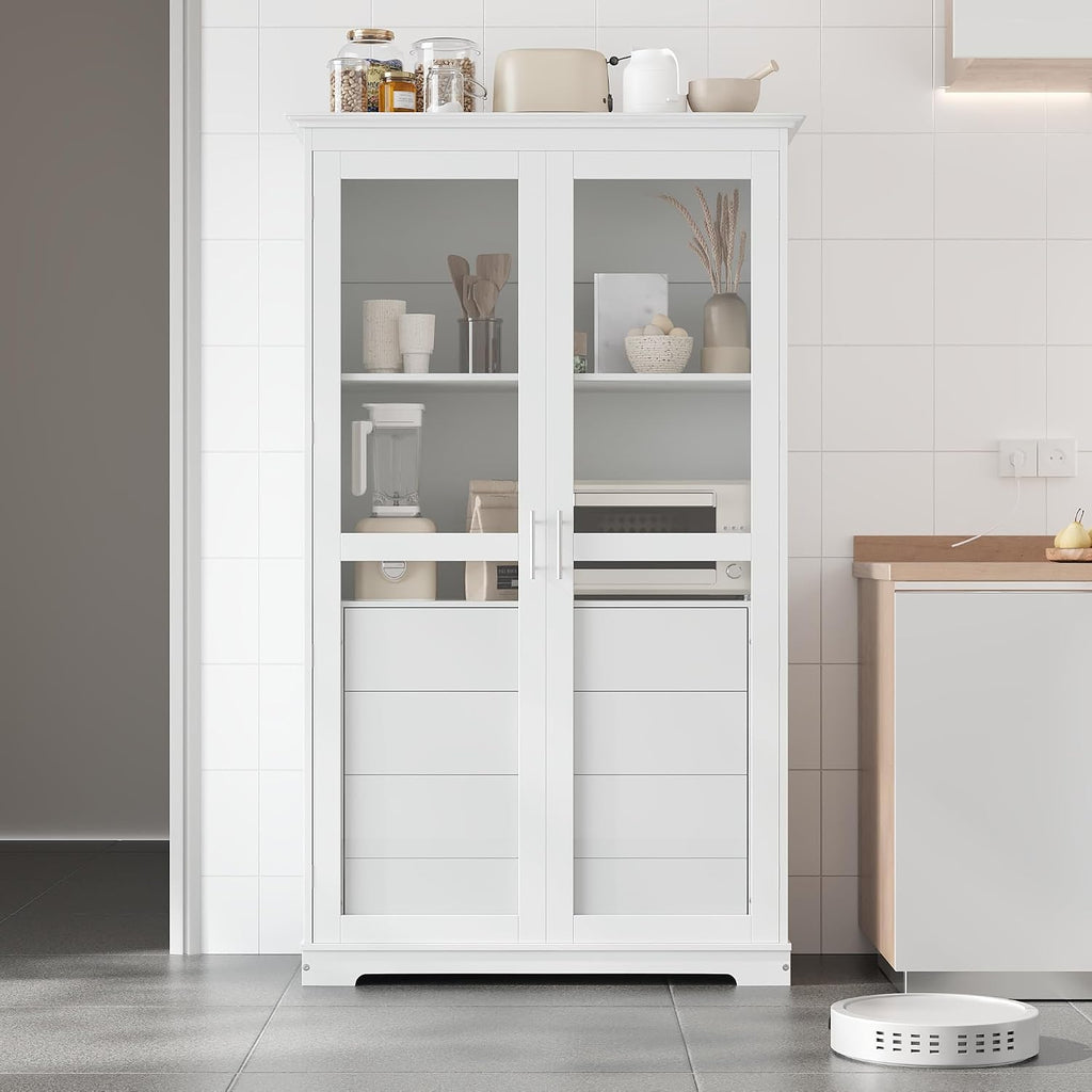 Freestanding Kitchen Pantry with Glass Doors and 4 Built-in Drawers, Large Kitchen Storage Cabinet Display Cabinet Cupboard for Dining Room, Living Room (White)