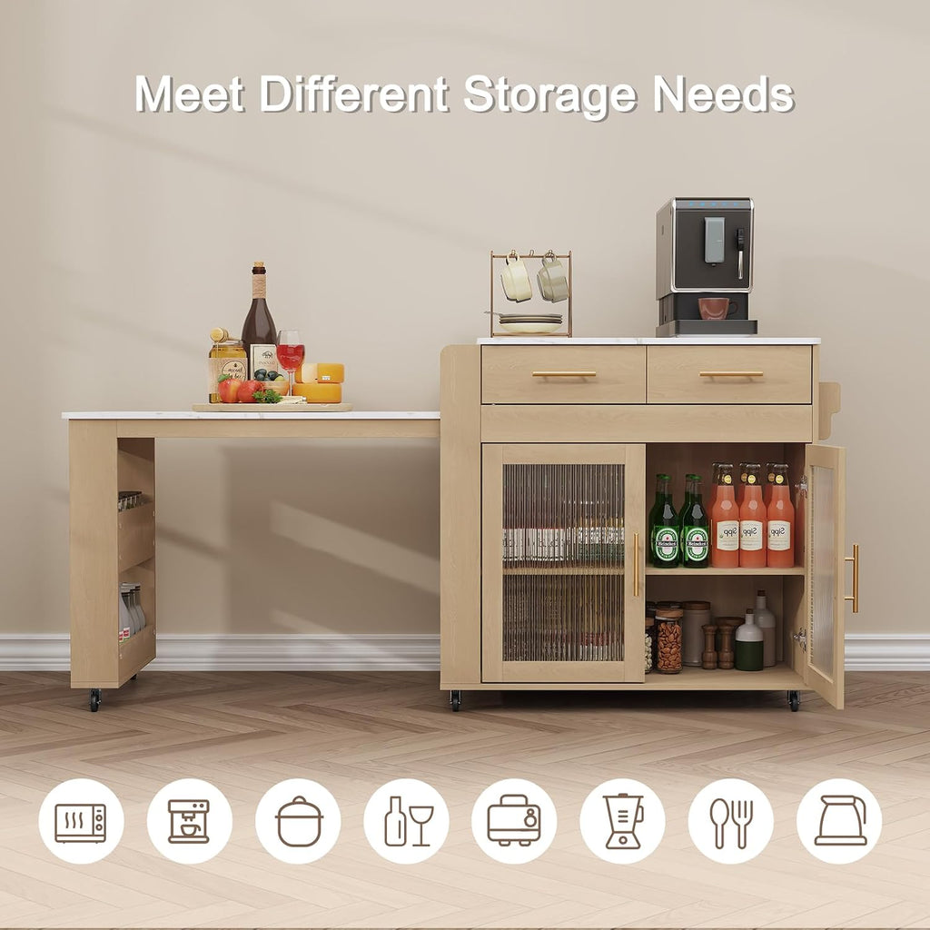 HLR 72" Kitchen Island with Extendable Dining Table, Marble Grain Top Storage Islands with Power Outlet, Rolling Cart on Wheels with Storage Cabinet and 2 Drawers, Pre Table for Kitchen