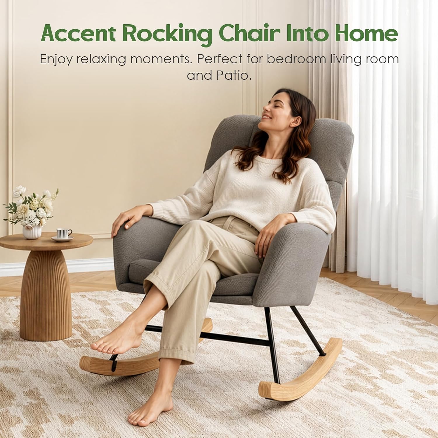 Rocking Chair Nursery High Back Glider Rocker Chair Indoor for Adult | 20" Wide Seat Fleece Upholstered Solid Wood Legs Comfy Gentle Rock for Living Room Bedroom Nursing Room Reading Nook