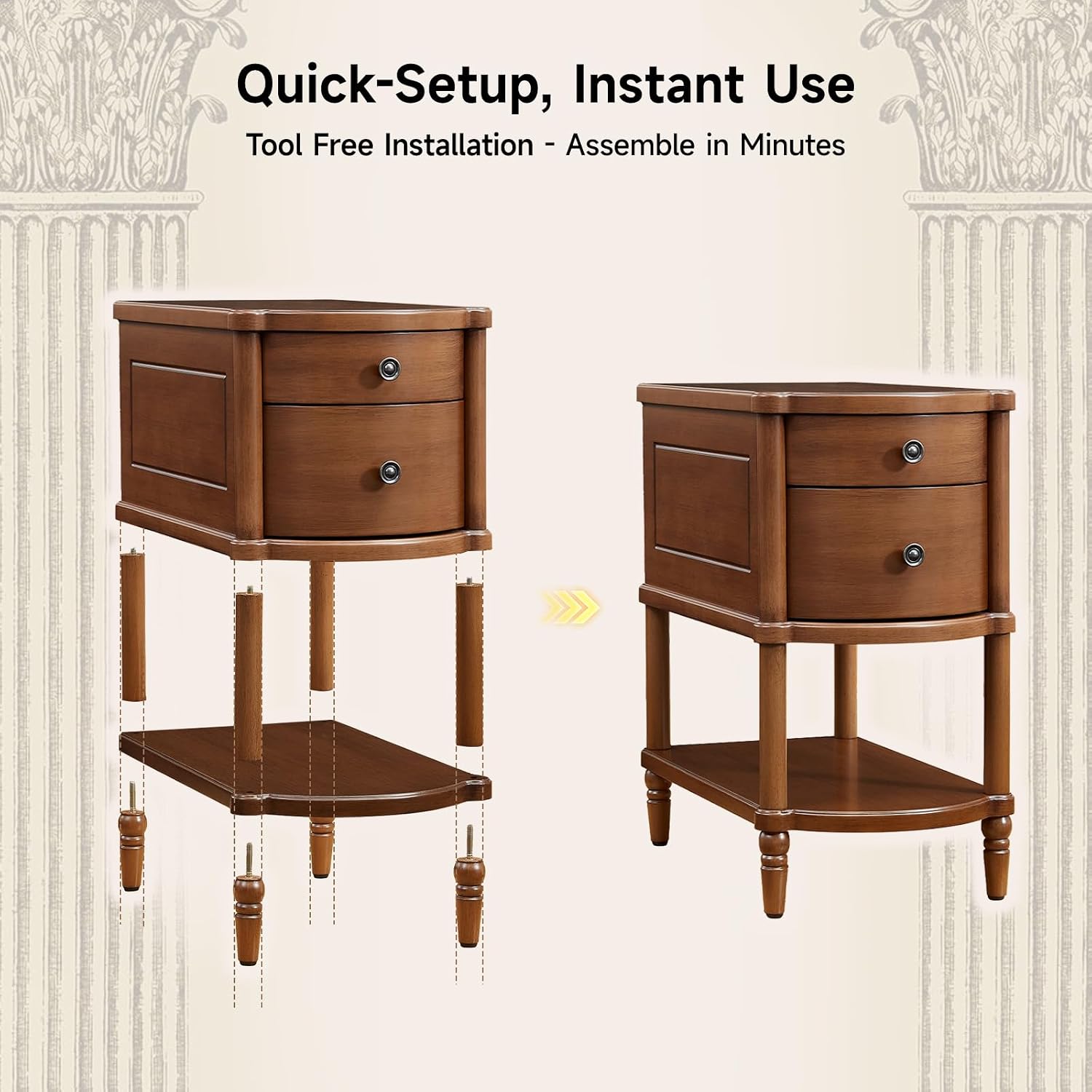 ONBRILL Narrow End Table with Charging Station, Pre-Assembled Nightstand with 2 Drawers & Shelf, Vintage Rustic Side Table with Storage, Wood Bedside Table for Bedroom Living Room, Walnut