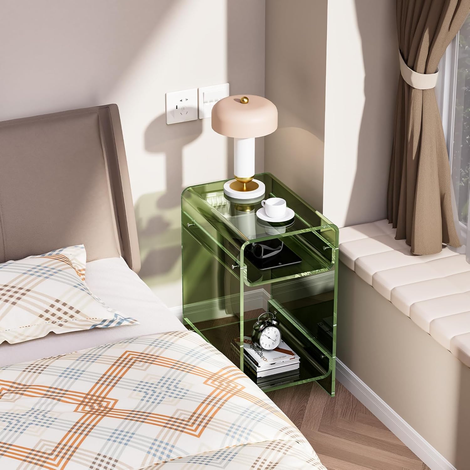 Clear Acrylic Side Table, Narrow Nightstand Bedside Table for Bedroom, Skinny Small End Table (Green Wide, 11.8'' x 15.7'' x 21.7")