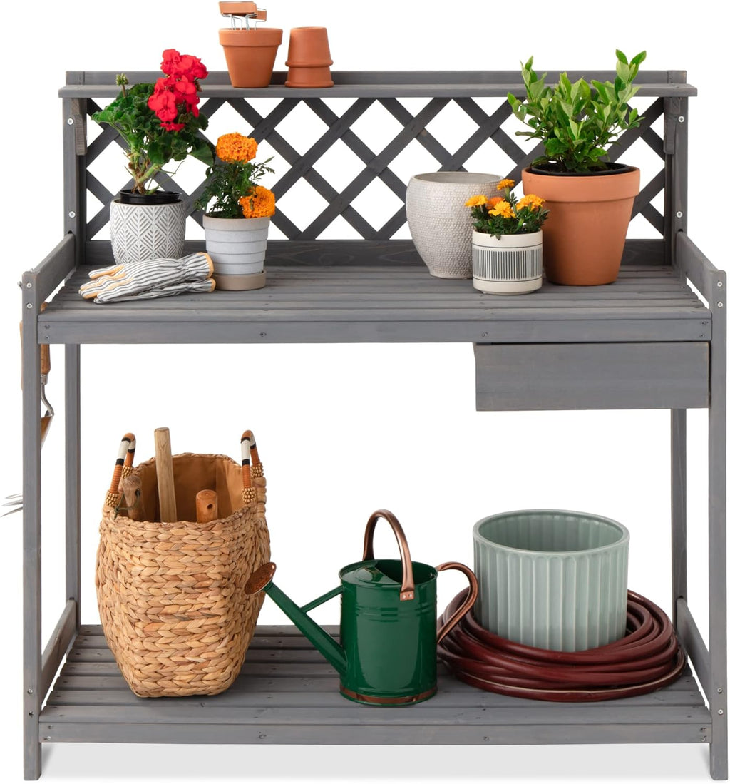 Best Choice Products Outdoor Garden Potting Bench, Wooden Workstation Table w/Cabinet Drawer, Open Shelf, Lower Storage, Lattice Back - Gray