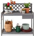 Best Choice Products Outdoor Garden Potting Bench, Wooden Workstation Table w/Cabinet Drawer, Open Shelf, Lower Storage, Lattice Back - Gray