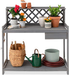 Best Choice Products Outdoor Garden Potting Bench, Wooden Workstation Table w/Cabinet Drawer, Open Shelf, Lower Storage, Lattice Back - Gray