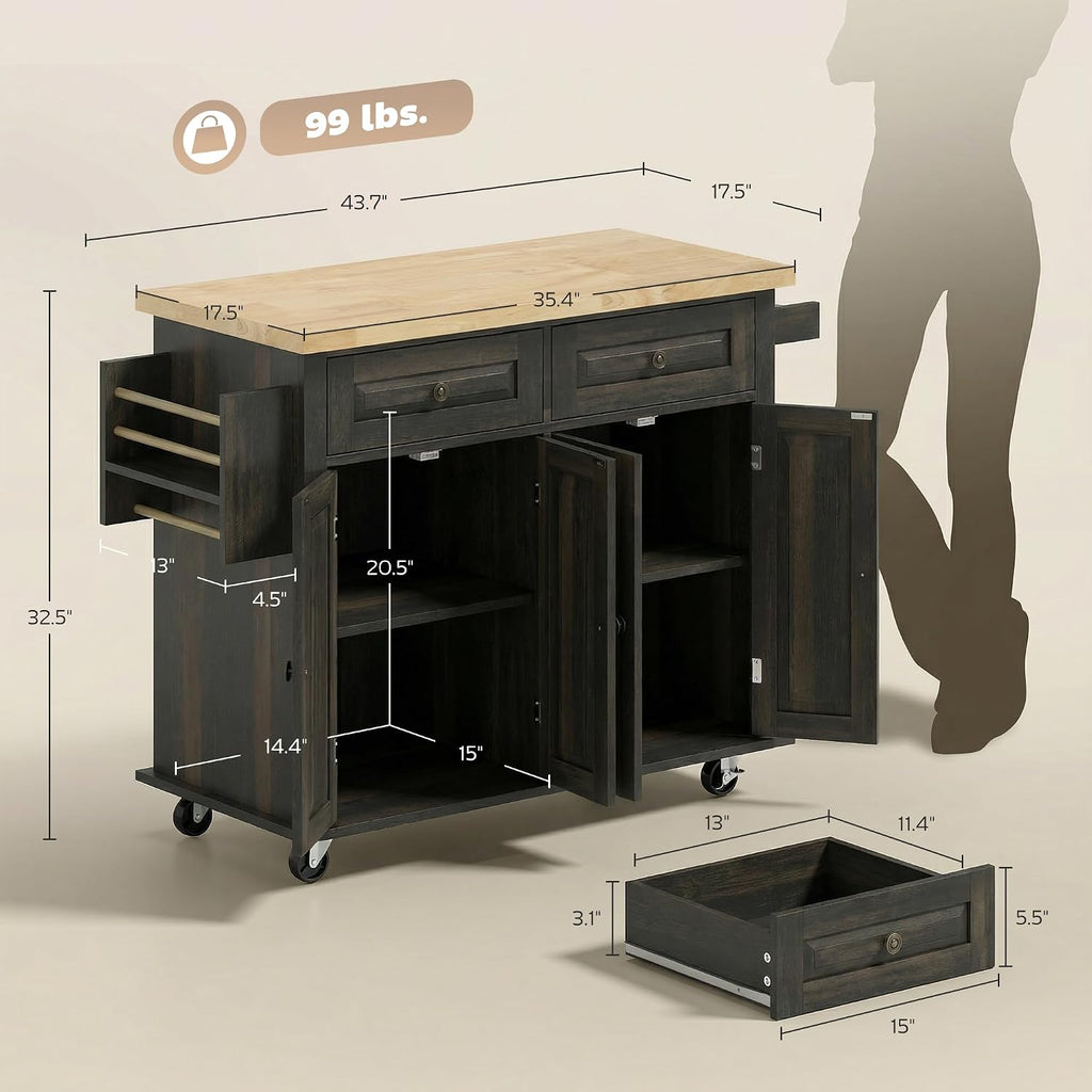 HOMCOM Kitchen Island Cart with Solid Wood Top 44" Mobile Brown Oak | Kitchen Island Table, on Wheels, Storage Cabinets, 2 Drawers, Adjustable Shelves, Spice Rack & Towel Bar, for Dining Room