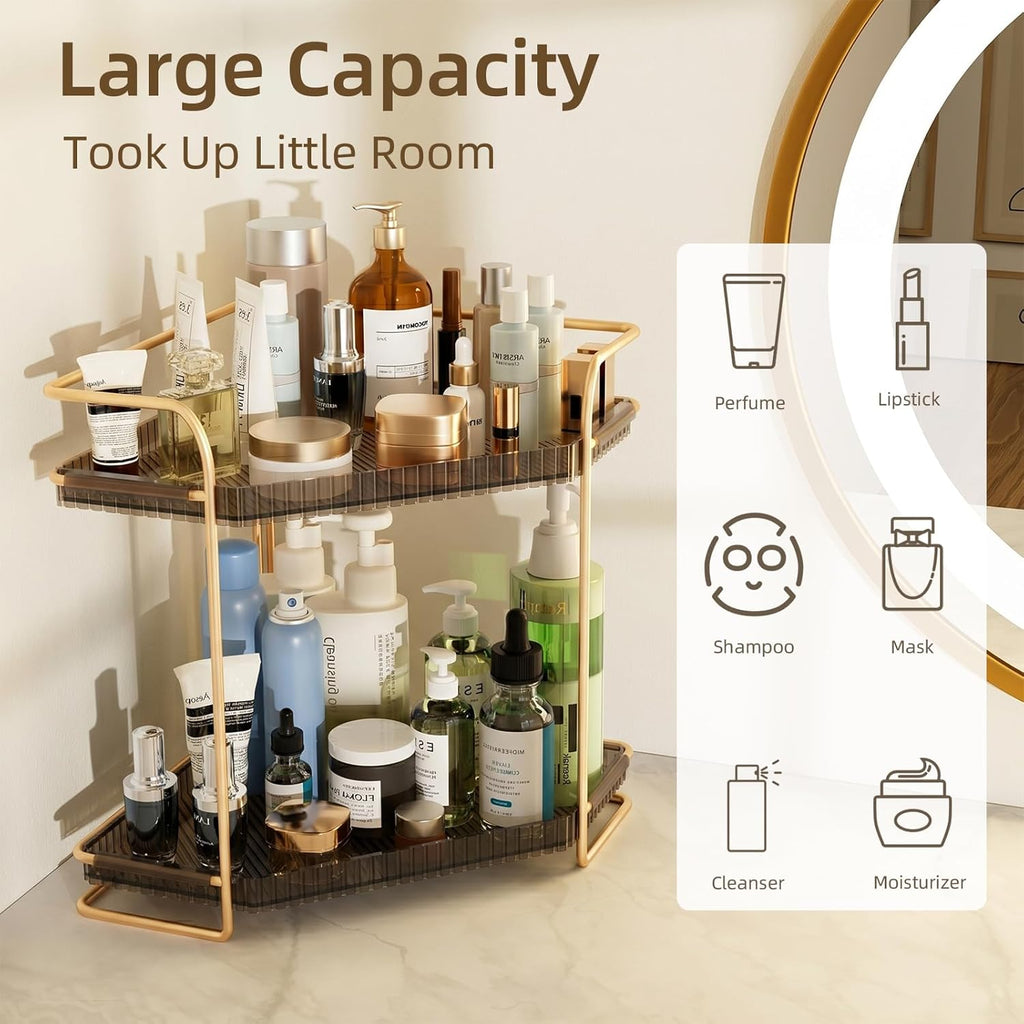 LEEDA 2-Tier Corner Bathroom Counter Organizer, Countertop Makeup & Skincare Organizer Shelf, Two Tiered Vanity Storage Tray for Bathroom Sink, Kitchen Corner Spice Rack, Gold