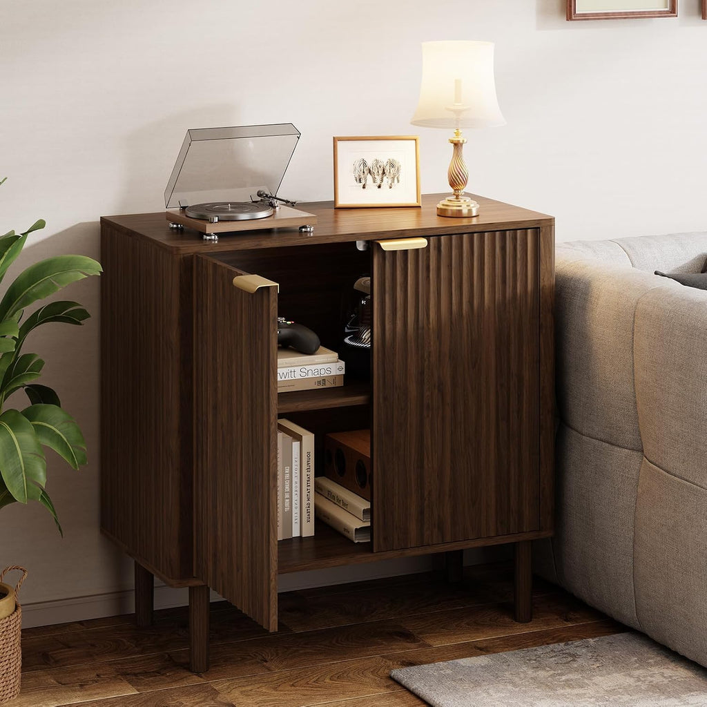 IKALIFE Sideboard Buffet Cabinet with Storage 31.5" Walnut | Modern Fluted Accent Credenza with Doors, Wood Coffee Bar Console Table for Living Room, Dining Room, Kitchen or Entryway
