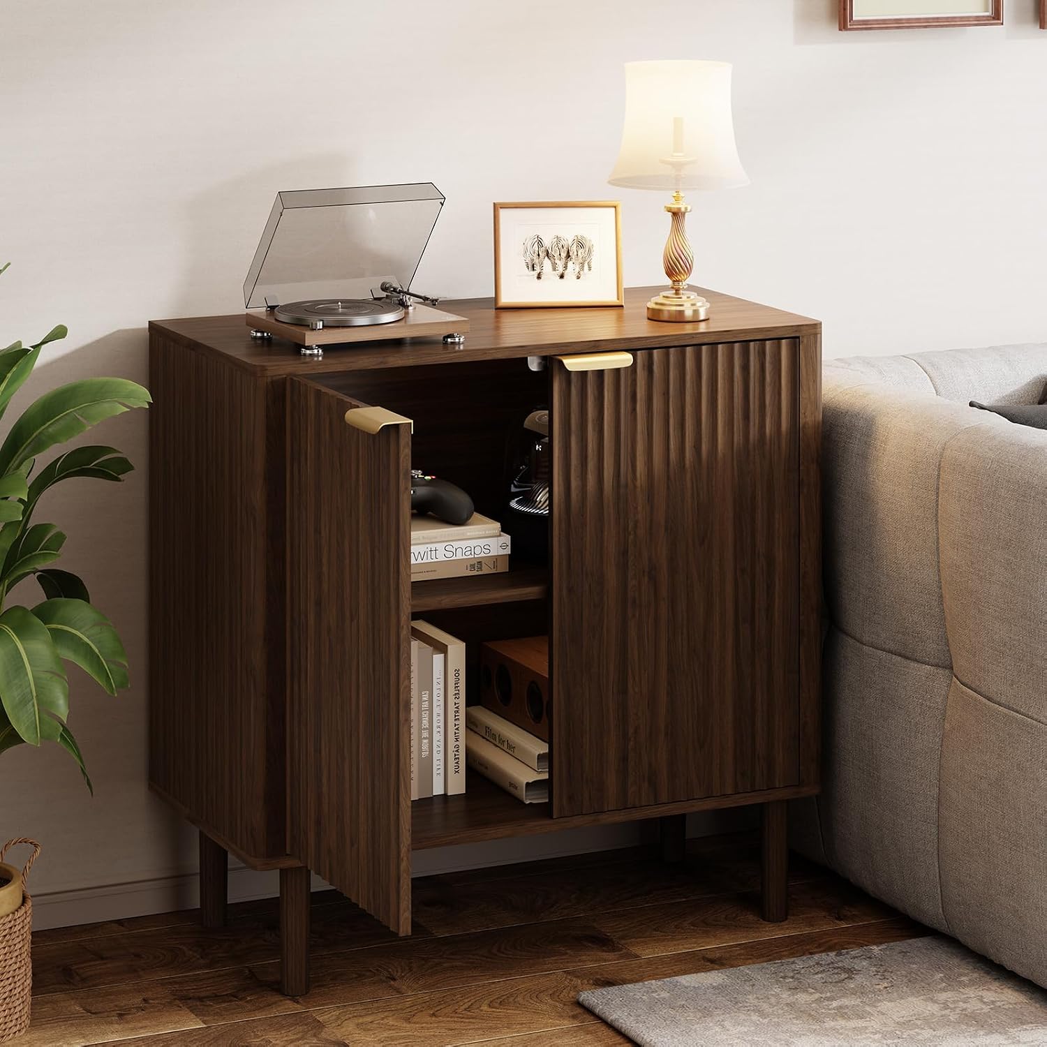IKALIFE Sideboard Buffet Cabinet with Storage 31.5" Walnut | Modern Fluted Accent Credenza with Doors, Wood Coffee Bar Console Table for Living Room, Dining Room, Kitchen or Entryway