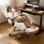 Ergonomic Fully Reclining Office Chairs with Back Support Footrest, Big and Tall Comfortable Recliner Office Desk Chair Computer Gaming Chair, Cream Beige