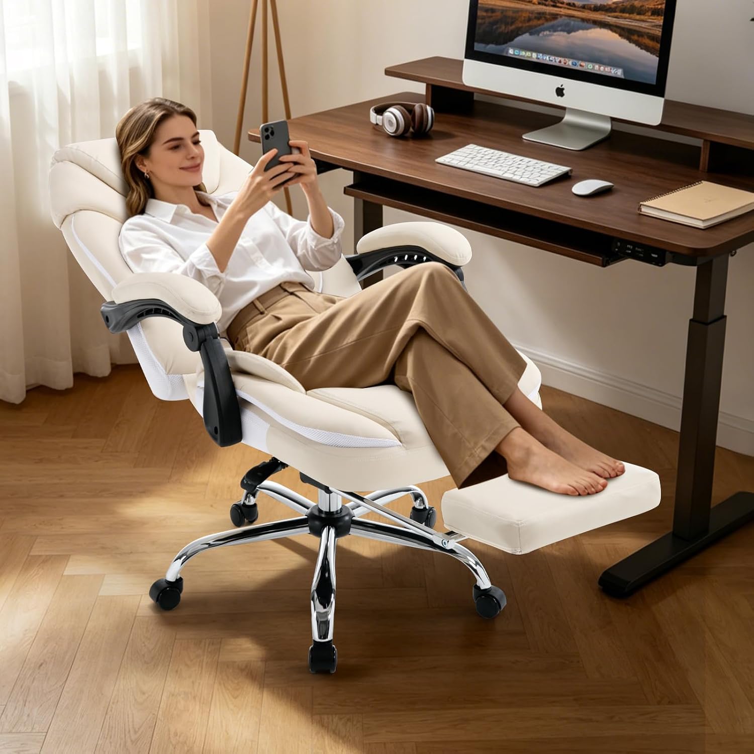 Ergonomic Fully Reclining Office Chairs with Back Support Footrest, Big and Tall Comfortable Recliner Office Desk Chair Computer Gaming Chair, Cream Beige
