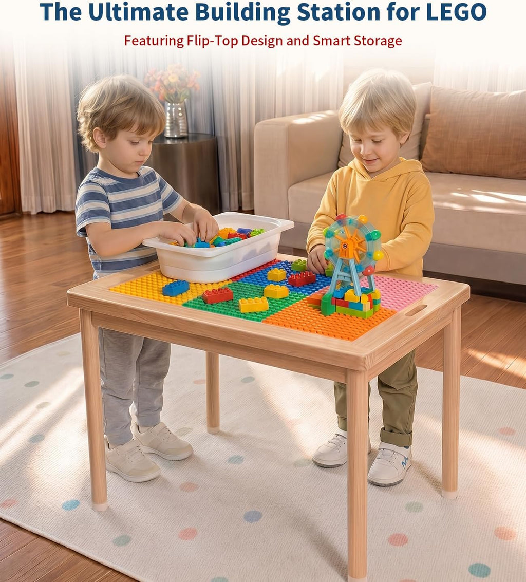 JOIN&JOY 28" Kids Activity Table, Compatible with Lego & Duplo Bricks, 4 Foldable Storage Bins, Premium Solid Pine Wood Play Desk, Reversible Tabletop for Multi-Child STEM Learning & Crafts