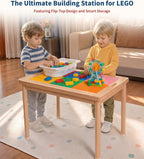 JOIN&JOY 28" Kids Activity Table, Compatible with Lego & Duplo Bricks, 4 Foldable Storage Bins, Premium Solid Pine Wood Play Desk, Reversible Tabletop for Multi-Child STEM Learning & Crafts