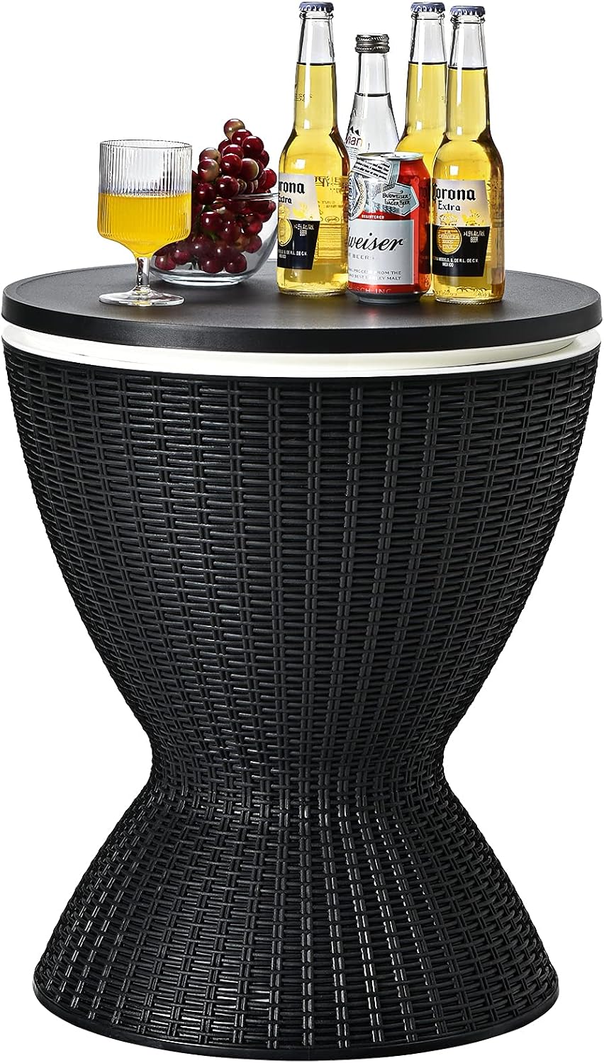 S AFSTAR Cool Bar Table, 8 Gallon Rattan Patio Bar Cooler Table with Ice Bucket & Height Adjustable Tabletop, Beer & Wine Cooler, Outdoor Indoor Cocktail Coffee Table for Patio Party Pool Deck (Black)