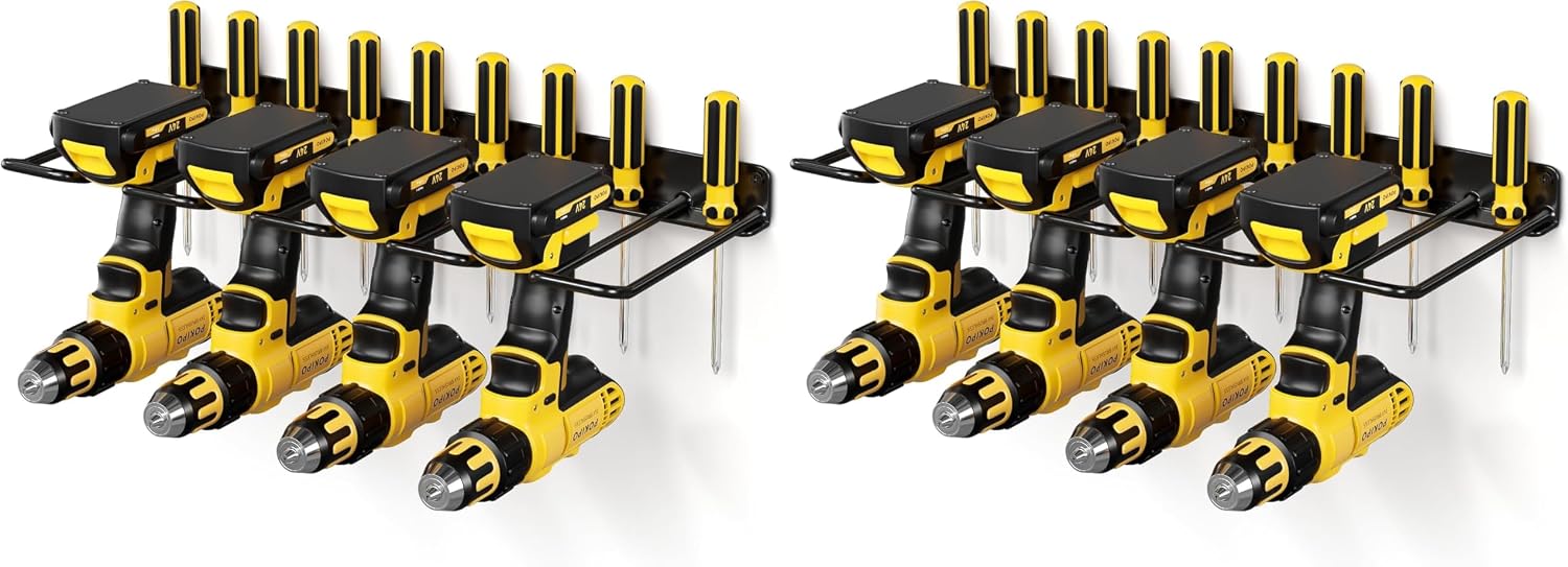 POKIPO Power Tool Organizer, Drill Holder Wall Mount, Heavy Duty Garage Tool Organizer and Storage, Suitable Tool Rack for Tool Room, Workshop, Garage (Black-1 Tirer) (Pack of 2)