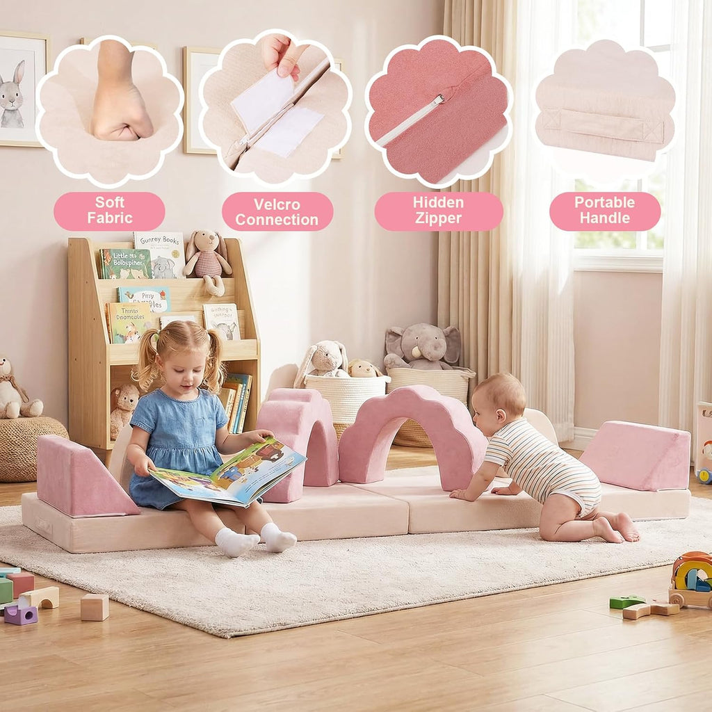 Flower Kids Play Couch 10PCS Toddler Couch High Density Foam Sectional Sofa Playroom Kids Furniture for Girls and Boys Bedroom (Pink)