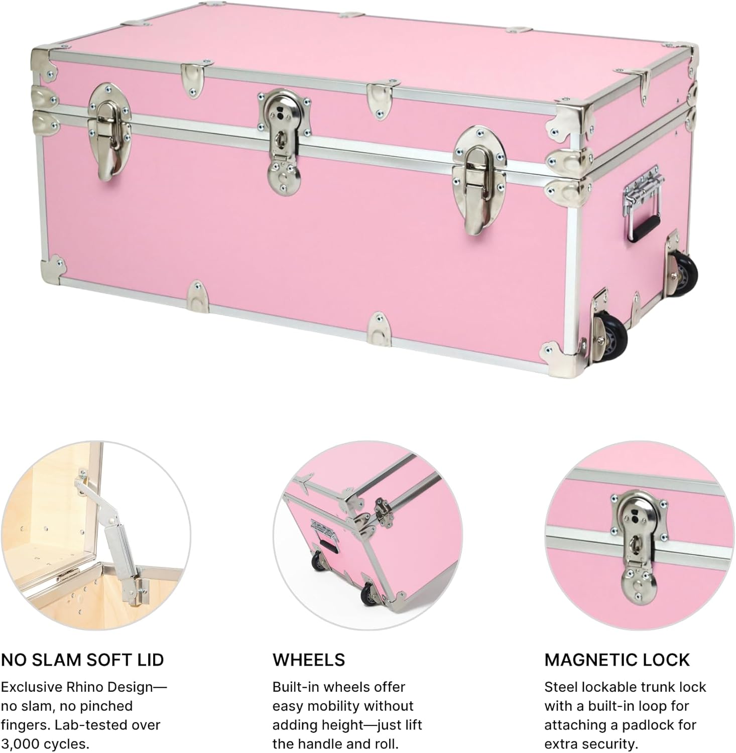 Rhino Trunk & Case Large Essential Trunk With Wheels 32”x18”x14”, 1000+ lbs Capacity - Many Colors. Strong, USA Made Summer Camp Footlocker, and Secure College Dorm Storage Chest