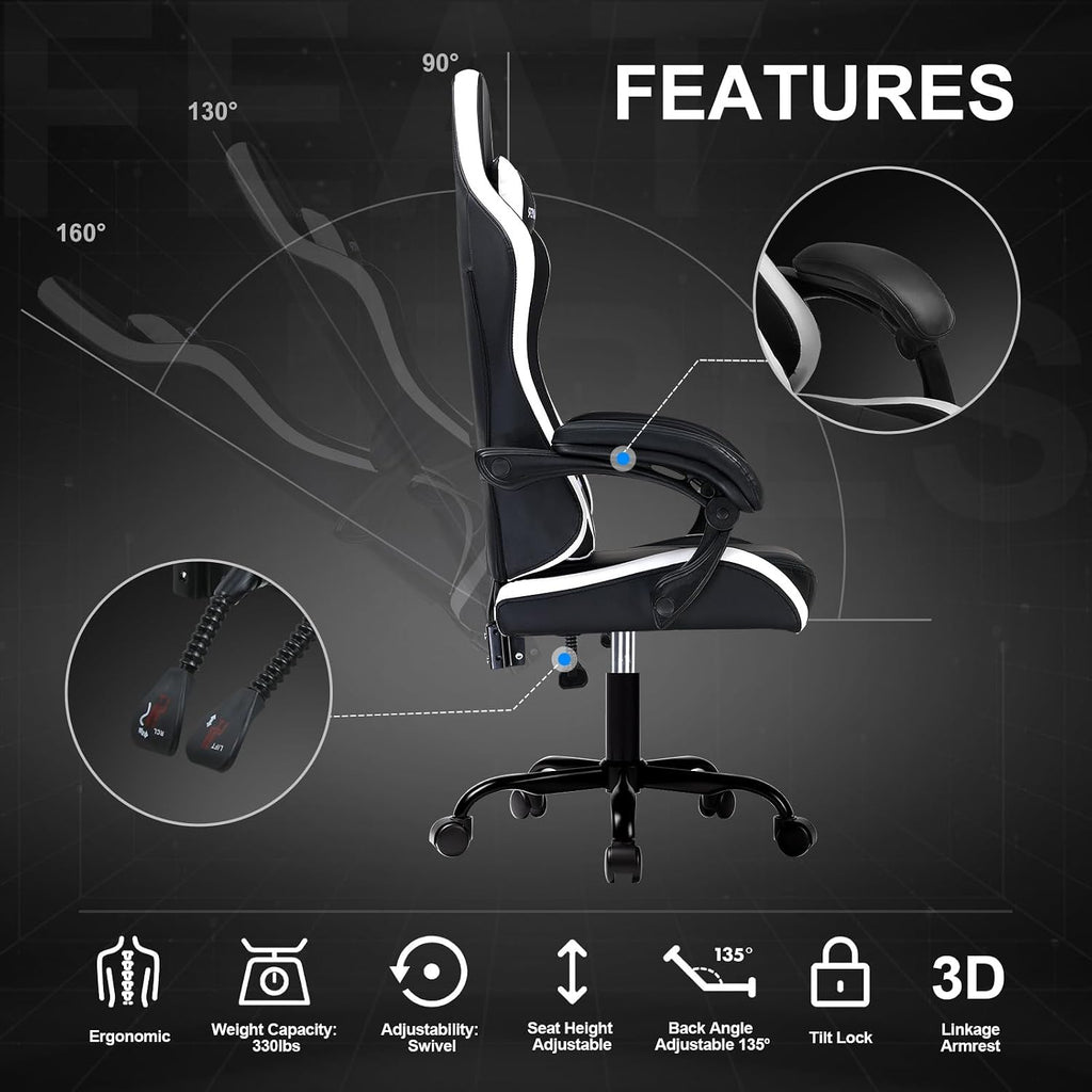 GTPLAYER Gaming Chair for Adults, Big and Tall 300LBS Heavy Duty Office Chair, Ergonomic High Back Lumbar Support and Wide Comfy Cushion with Linkage Armrests for Home Office, White