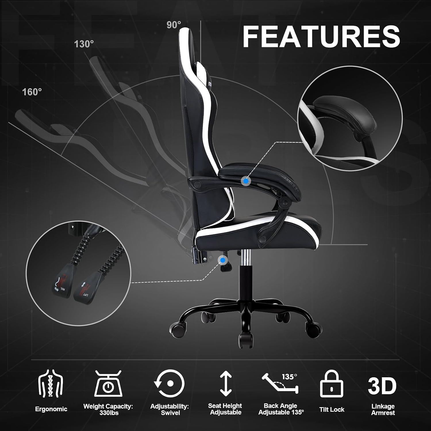 GTPLAYER Gaming Chair for Adults, Big and Tall 300LBS Heavy Duty Office Chair, Ergonomic High Back Lumbar Support and Wide Comfy Cushion with Linkage Armrests for Home Office, White