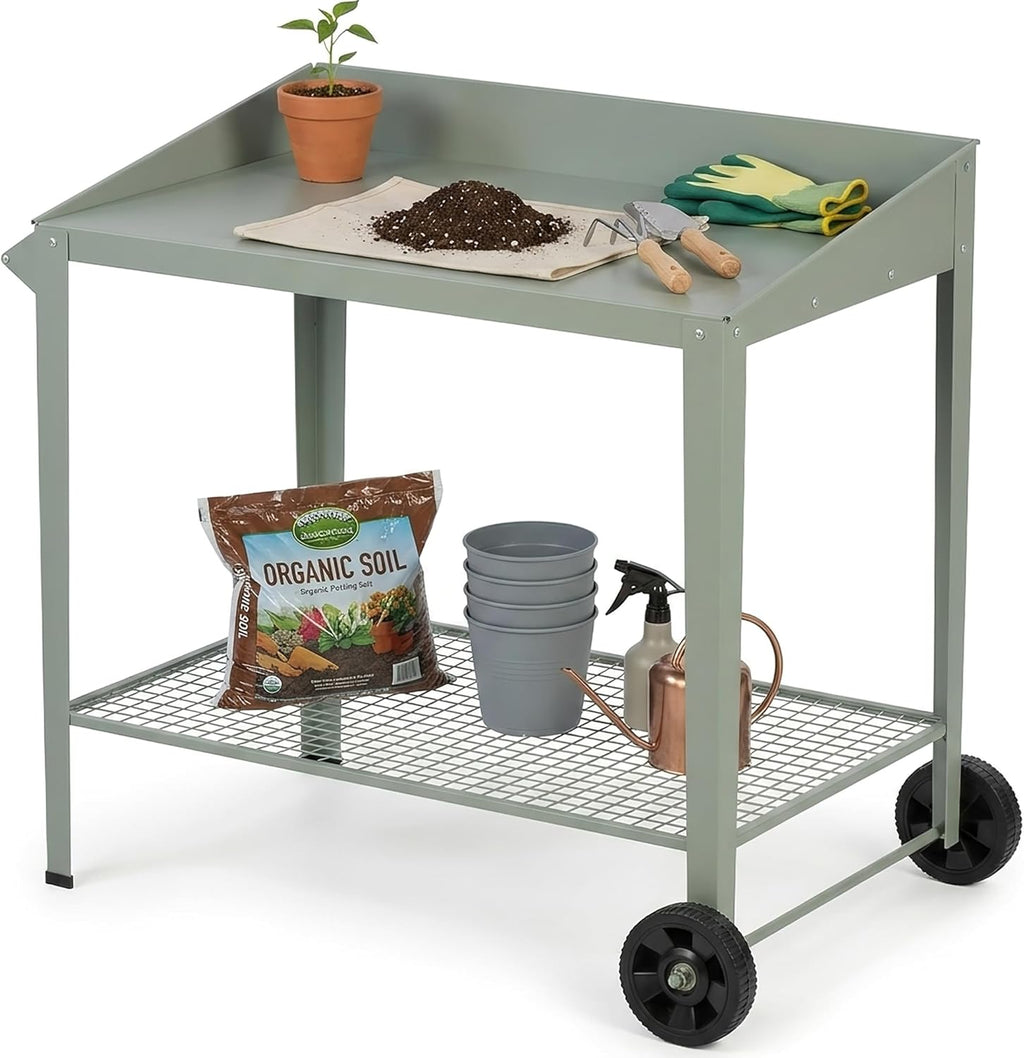 Outdoor Metal Potting Bench with Wheels, Heavy Duty Garden Workbench Table with Storage Shelf (Green, 36"x38.8")