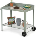 Outdoor Metal Potting Bench with Wheels, Heavy Duty Garden Workbench Table with Storage Shelf (Green, 36"x38.8")