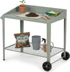Outdoor Metal Potting Bench with Wheels, Heavy Duty Garden Workbench Table with Storage Shelf (Green, 36"x38.8")