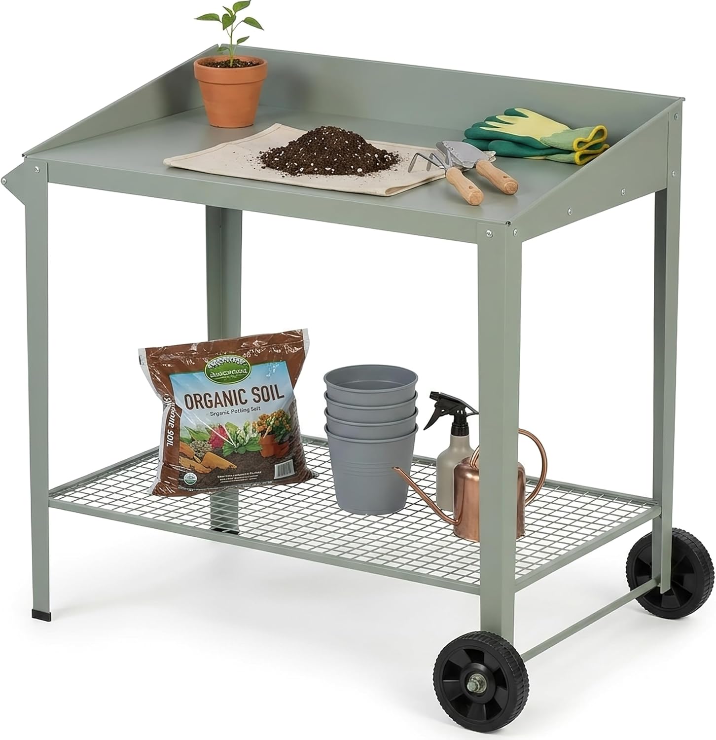 Outdoor Metal Potting Bench with Wheels, Heavy Duty Garden Workbench Table with Storage Shelf (Green, 36"x38.8")