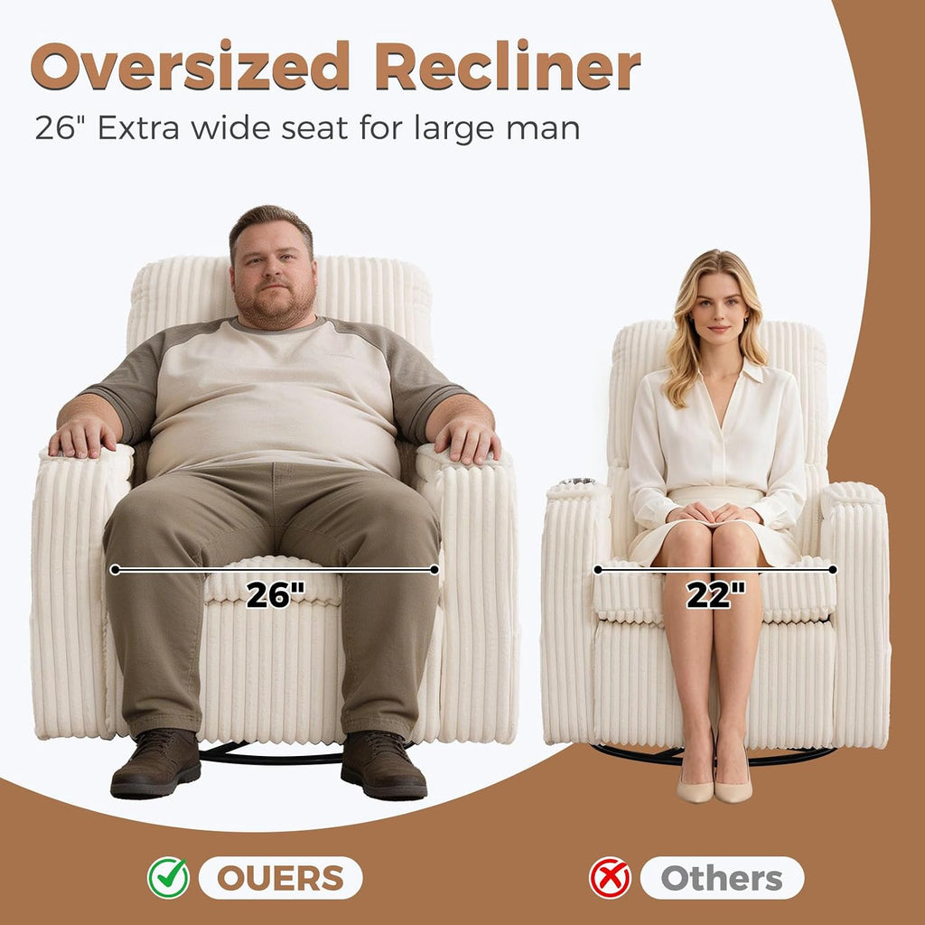 Power Swivel Rocker Recliner,Oversized Glider Recliner Nursery with Adjustable Headrest,Rocking Chair Nursery Recliner with Removable Cushion and Arm Storage for Living Room,Infinite Position,White