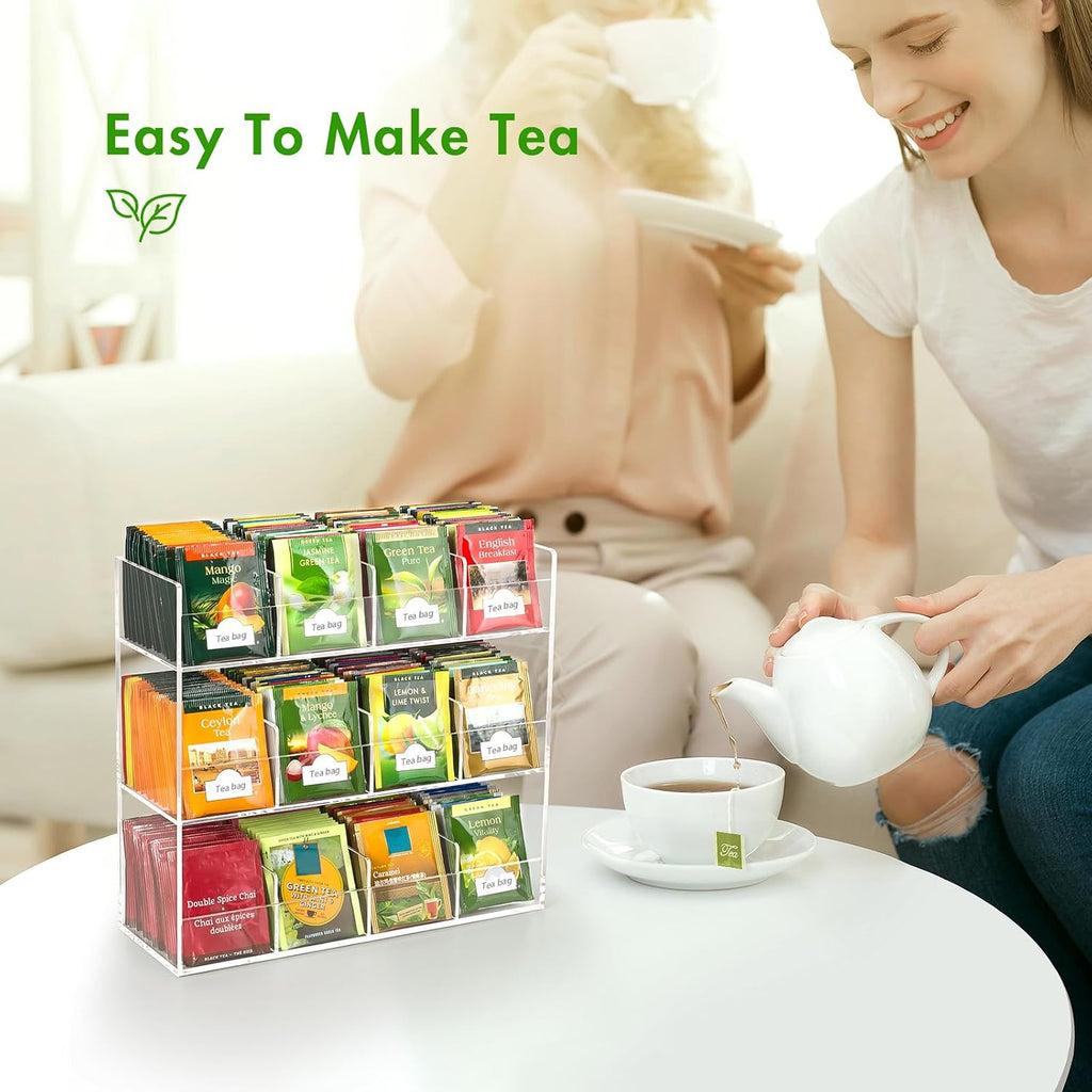 BEYGORM Acrylic Tea Bag Organizer for 216 Tea Packets | No Assembly Required Display Holder for Countertop, Vertical Tea Bag Caddy for Cabinet, Tea bar Accessories, Teabags Storage