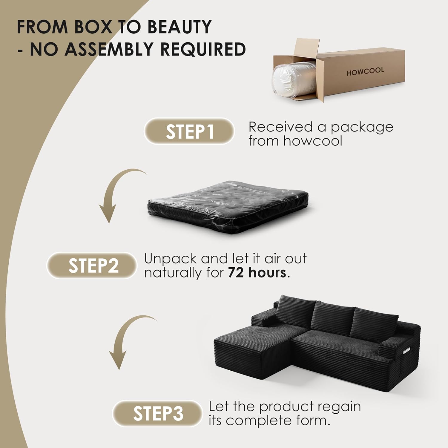 Modular Sectional Sofa Couches, 96" L-Shaped Cloud Boneless Couch with Left Chaise Lounge & Side Pockets for Living Room | No Assembly Required | Corduroy Fabric, Black