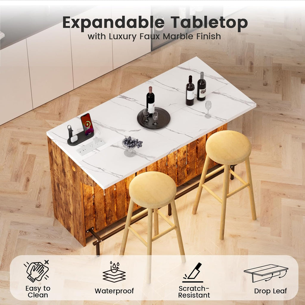 55-Inch Home Bar Unit, 2-Tier Drop Leaf Mini Bar Table with LED Light & Charging Station, Modern Faux Marble Counter Height Pub Table with Footrest for Dining Room, Living Room, Bistro