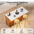 55-Inch Home Bar Unit, 2-Tier Drop Leaf Mini Bar Table with LED Light & Charging Station, Modern Faux Marble Counter Height Pub Table with Footrest for Dining Room, Living Room, Bistro