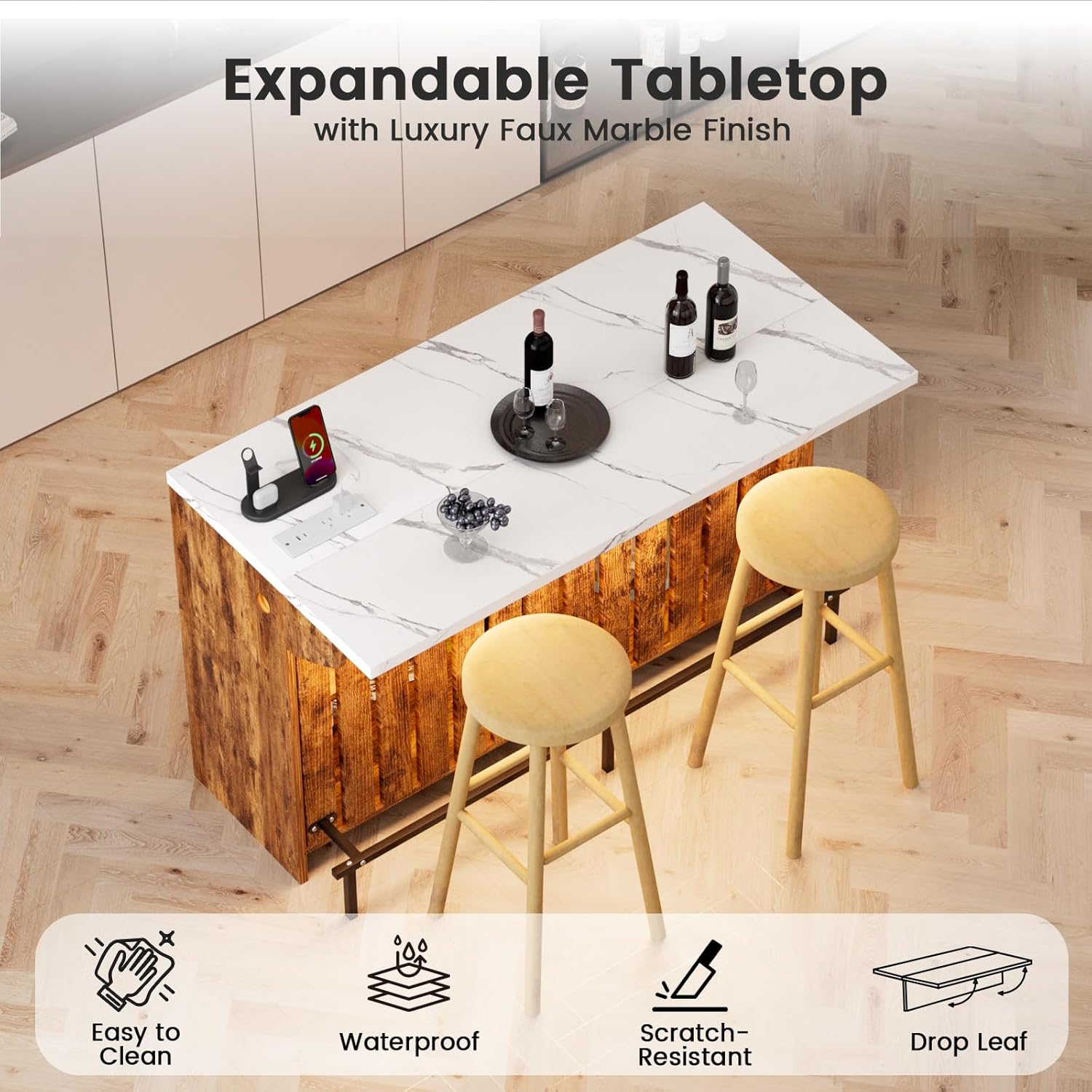 55-Inch Home Bar Unit, 2-Tier Drop Leaf Mini Bar Table with LED Light & Charging Station, Modern Faux Marble Counter Height Pub Table with Footrest for Dining Room, Living Room, Bistro