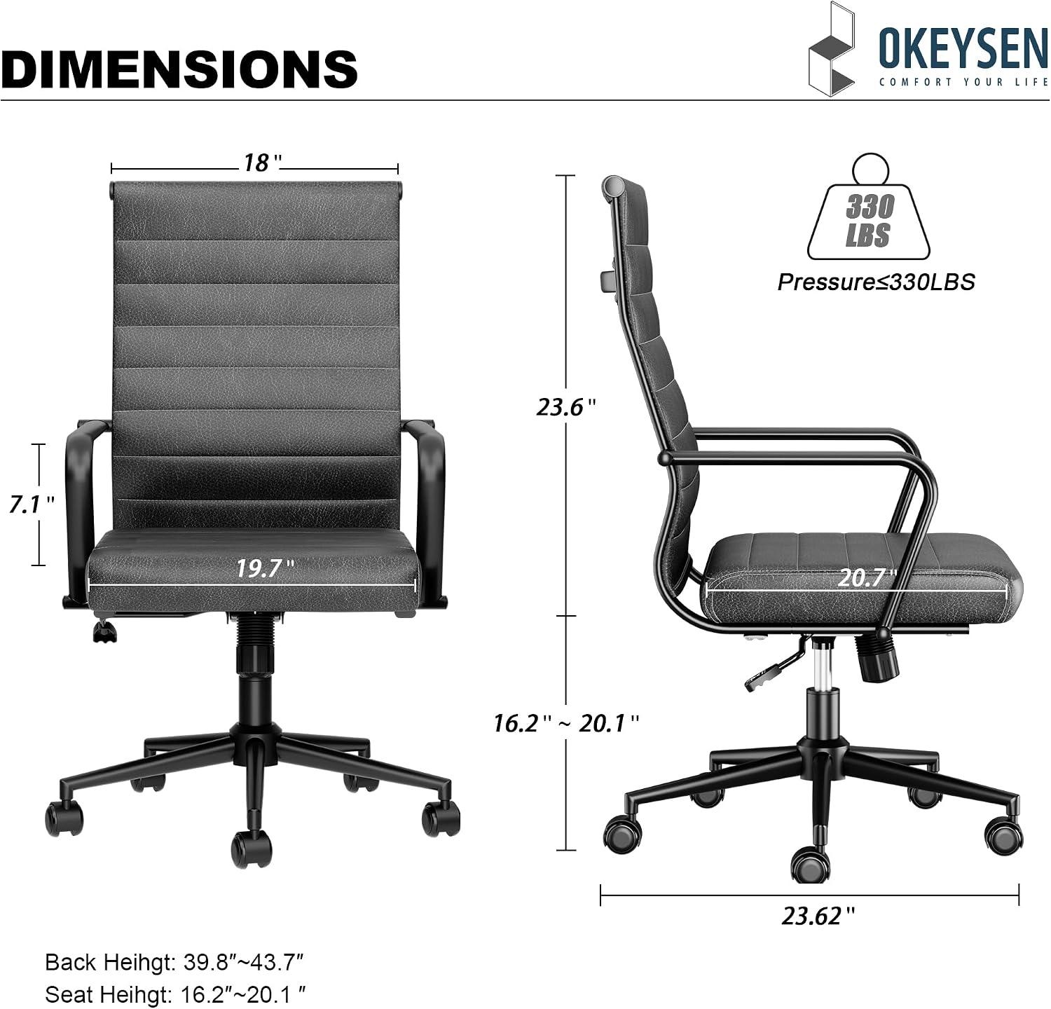 Okeysen Genuine Leather Office Chair, Mid-Century Modern Real Leather Conference Room Chairs, Ergonomic Executive Ribbed Height Adjustable Swivel Rolling Desk Chair for Home Office.