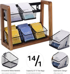 HTB 2 Tier Tea Organizer for Tea Bags with 6 Removable Metal Baskets | Acacia Wood Tea Bag Holder for Sugar Packets, Sweeteners, Creamers,Tea Bag Box Caddy for Cabinet, Counter,Office Wall-mounted