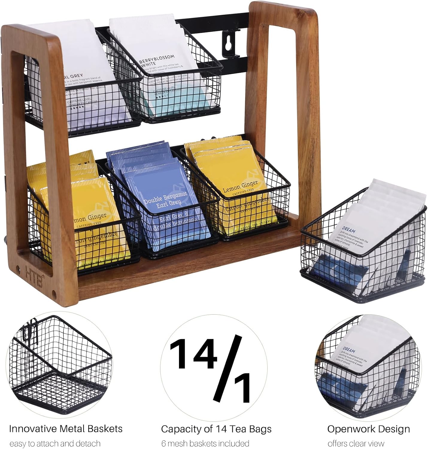 HTB 2 Tier Tea Organizer for Tea Bags with 6 Removable Metal Baskets | Acacia Wood Tea Bag Holder for Sugar Packets, Sweeteners, Creamers,Tea Bag Box Caddy for Cabinet, Counter,Office Wall-mounted