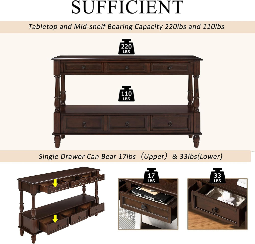 Knocbel Console Table with 6 Storage Drawers and Bottom Shelf, Vintage Sofa Table with Solid Wood Frame and Legs for Entryway Living Room, 54" W x 13.5" D x 32" H, Espresso