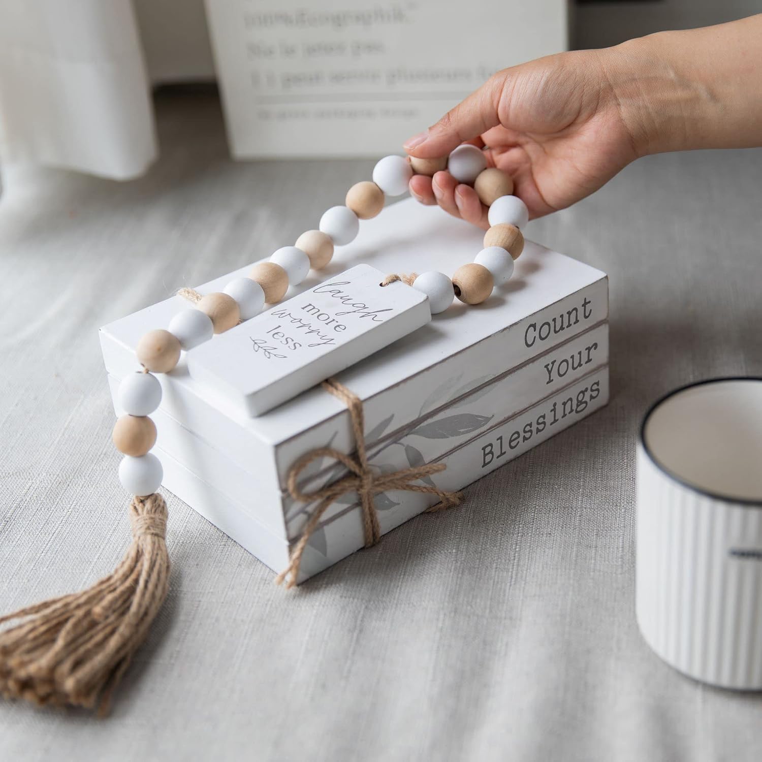 GENMOUS Faux Decorative Books Set for Home Decor, Stacked Wood Faux Books with Wood Bead for Living Room, White Decorative Books for Shelf Decor, Mantel Decor, Farmhouse Decor （Bless）