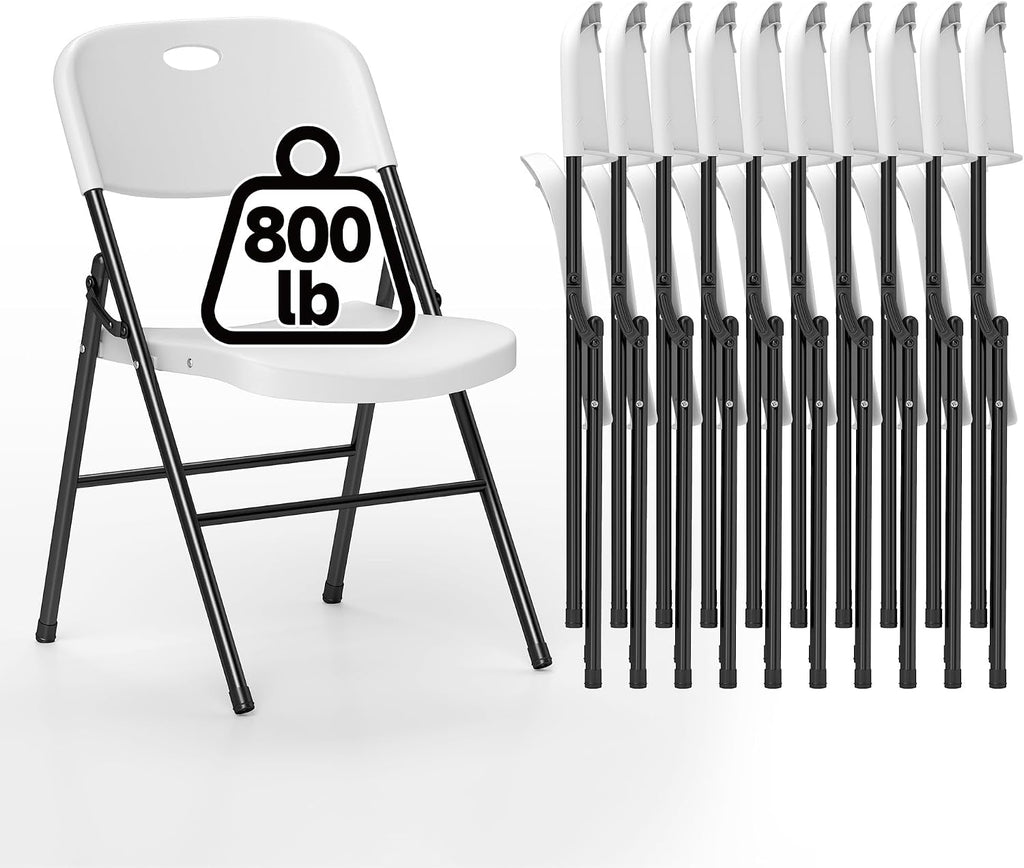 10 Pack Folding Chair, 800 Weight Limit Heavy Duty Plastic Folding Chair Portable Seating for Indoor Outdoor Events, Wedding, Party, Restaurant, Meeting Room White