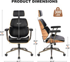 Home Office Desk Chair, High Back Chair with Headrest and Armrests, Modern Curved Walnut Wood Back and Seat, Ergonomic PU Leather Executive Swivel Rolling Chair for Home Office, Study(Black)