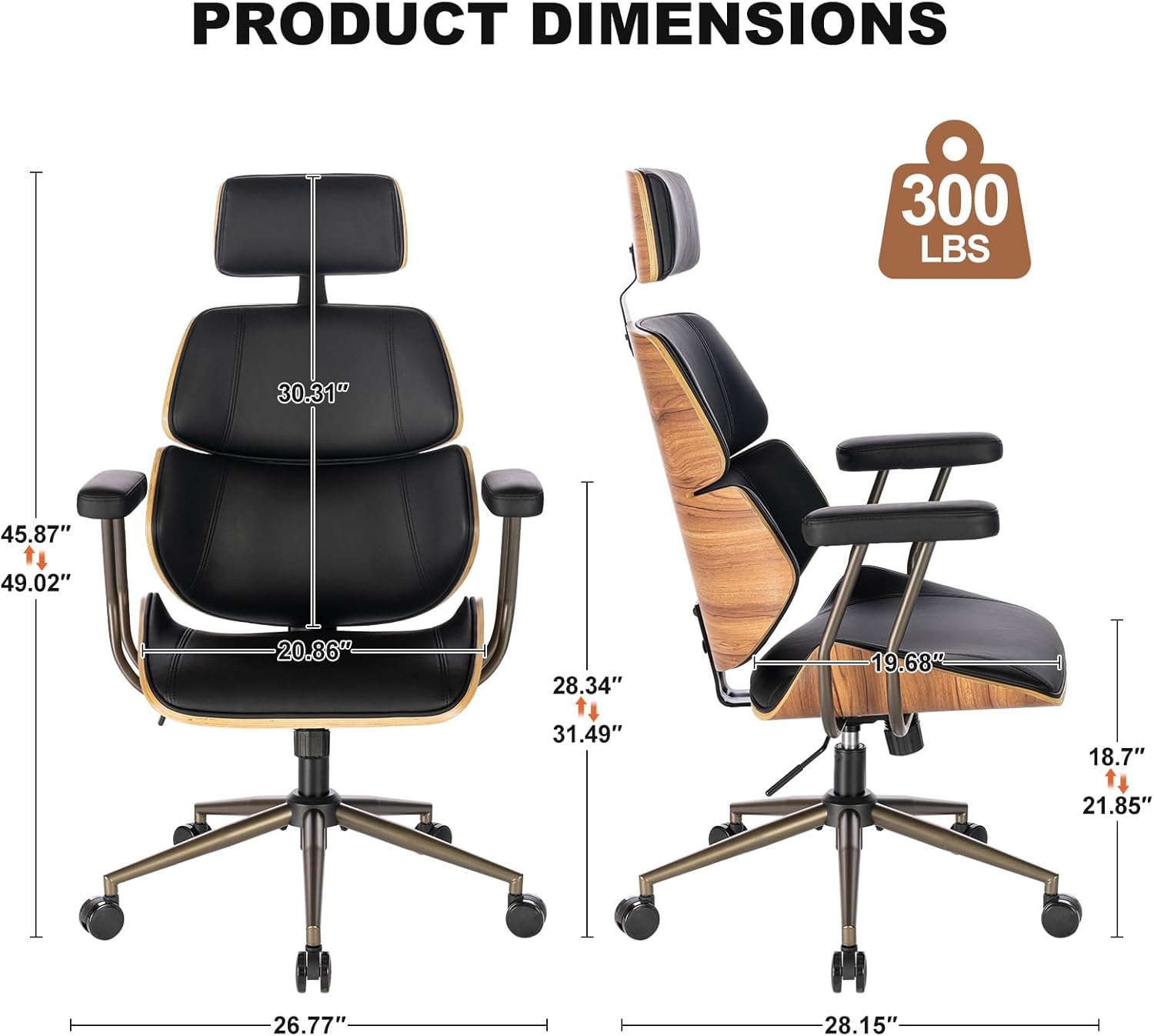 Home Office Desk Chair, High Back Chair with Headrest and Armrests, Modern Curved Walnut Wood Back and Seat, Ergonomic PU Leather Executive Swivel Rolling Chair for Home Office, Study(Black)