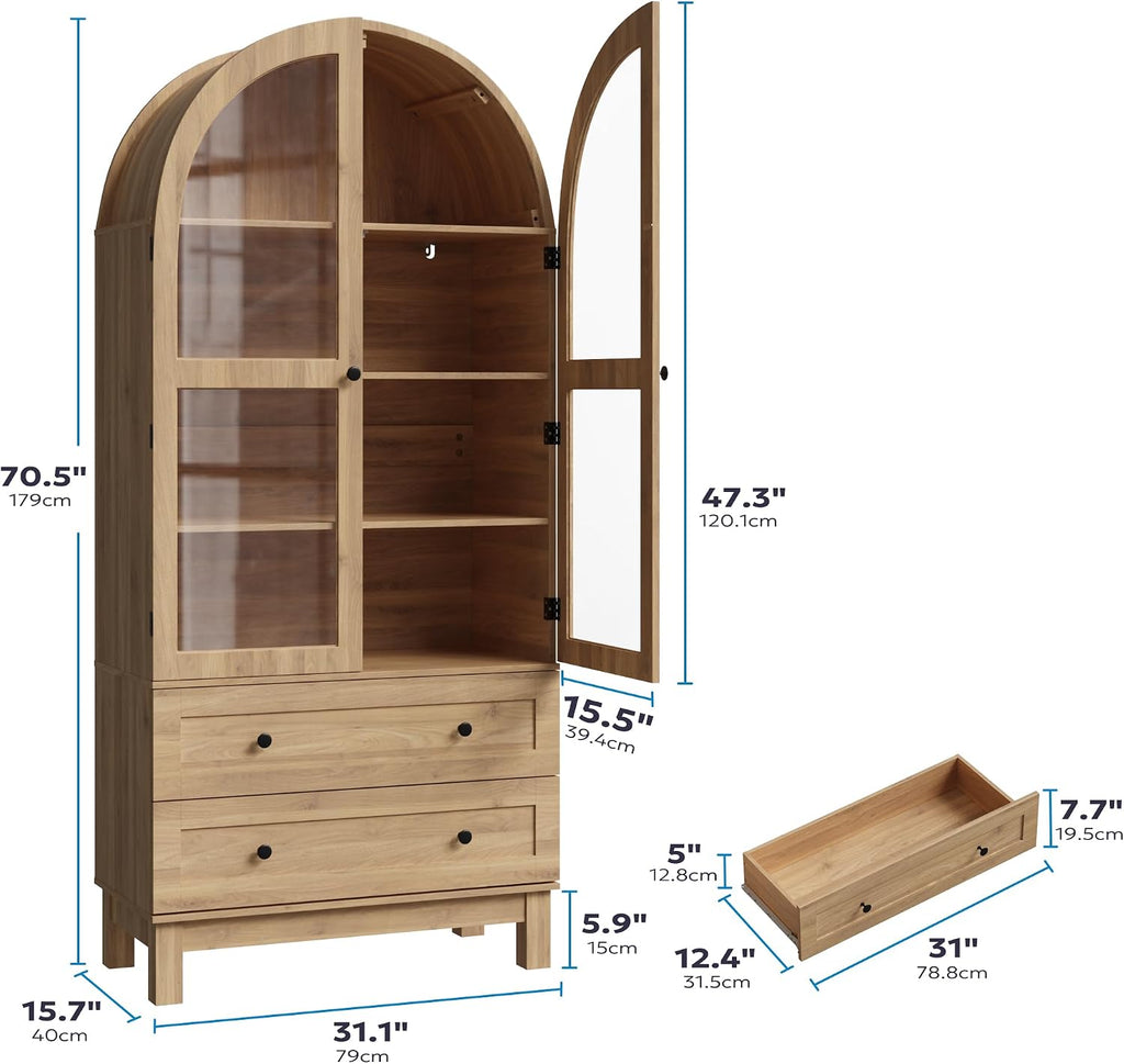 Furnify 71" Tall Arched Kitchen Pantry, Wood Pantry Cabinet with 2 Large Drawers and Glass Doors, Modern Farmhouse Versatile Cupboard for Kitchen, Dining Room, Living Room, Natrual
