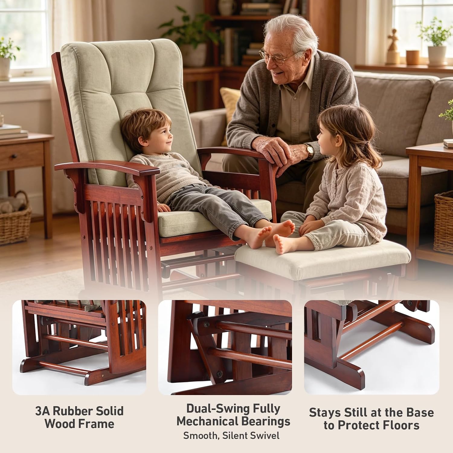 Glider Rocking Chair for the Nursery with Ottoman, 3A Solid Rubberwood Frame, Smooth-Gliding Rocking Chair,Easy to Assemble, for Nursery, Living Room, Bedroom, Classroom (Brown)